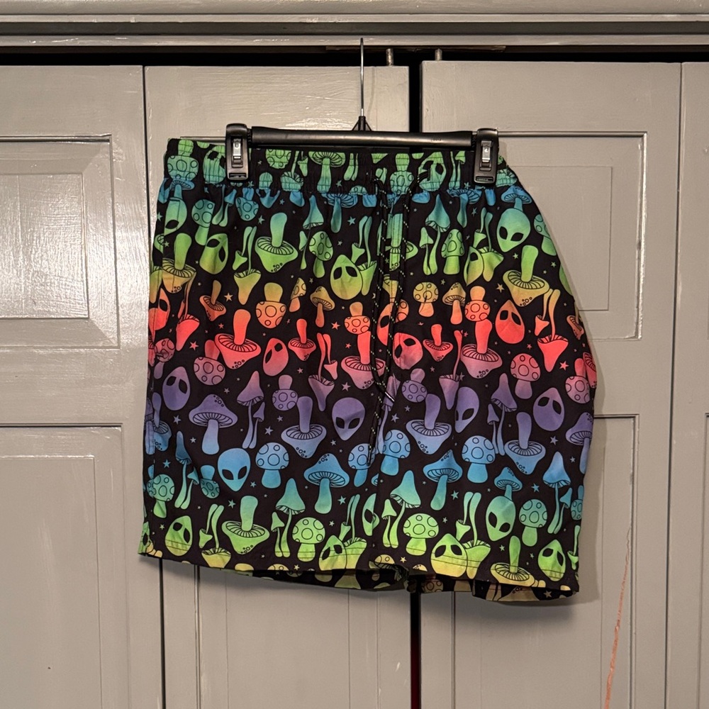 No Boundaries Multicolor Alien and Mushroom Print Men's Swim Shorts